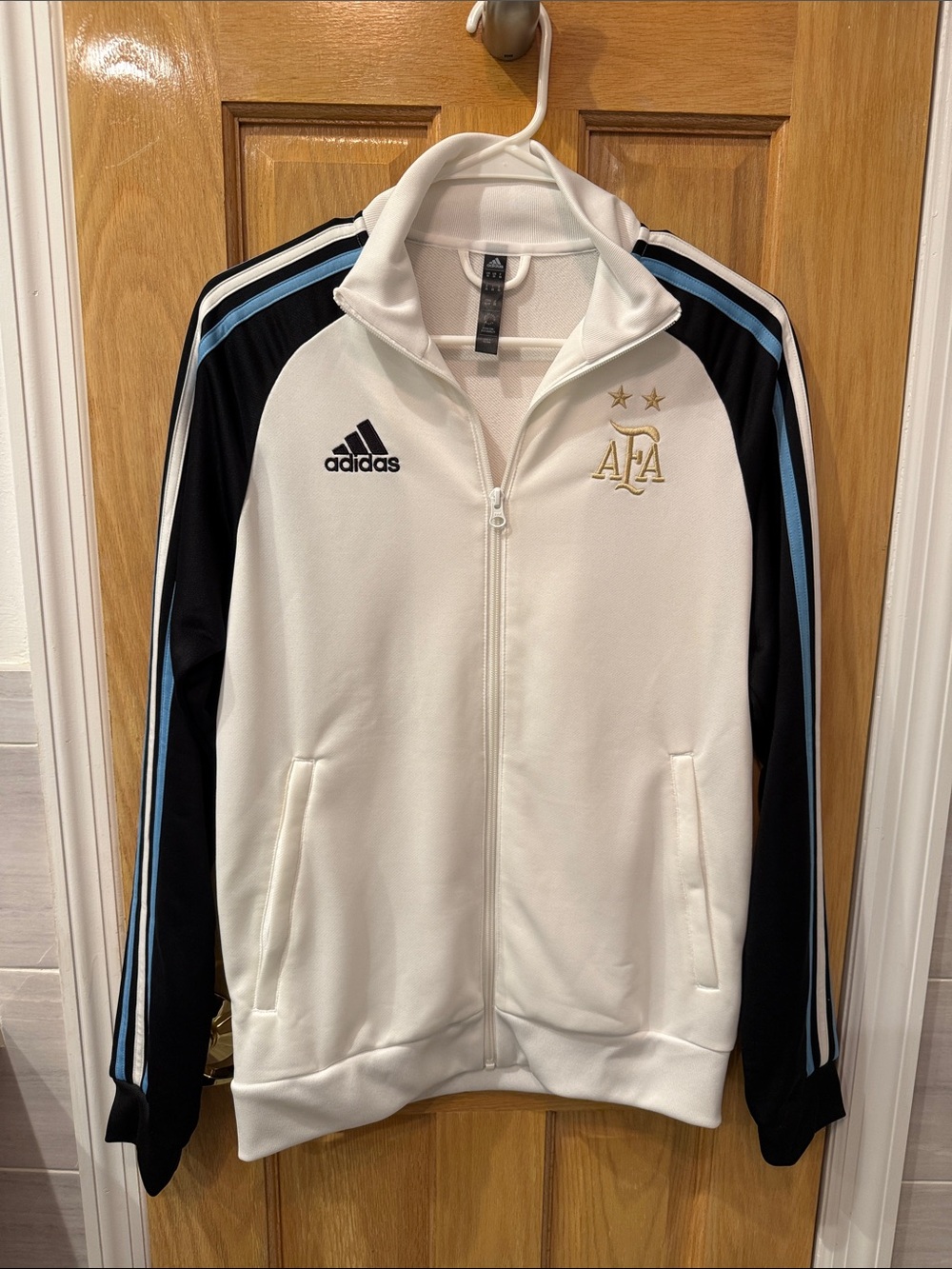 adidas White Track Jacket with Black Sleeves & Sky Blue Stripes